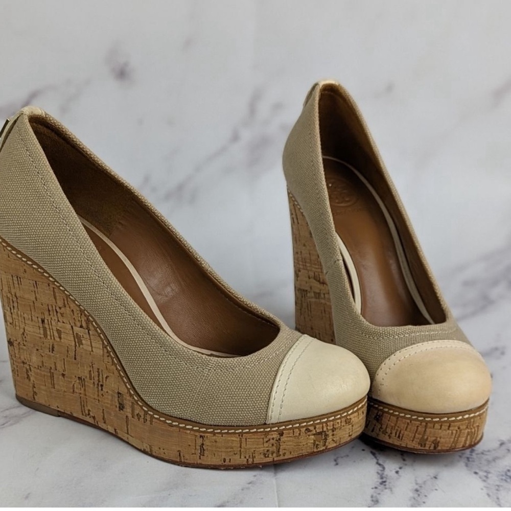 Tory Burch leather trimmed espadrilles with cork platforms